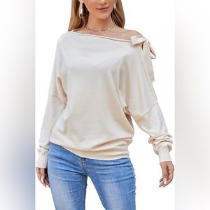 EXLURA Women's Boat Neck Sweater Off Shoulder Batwing Long Sleeve Tie Knot 2XL